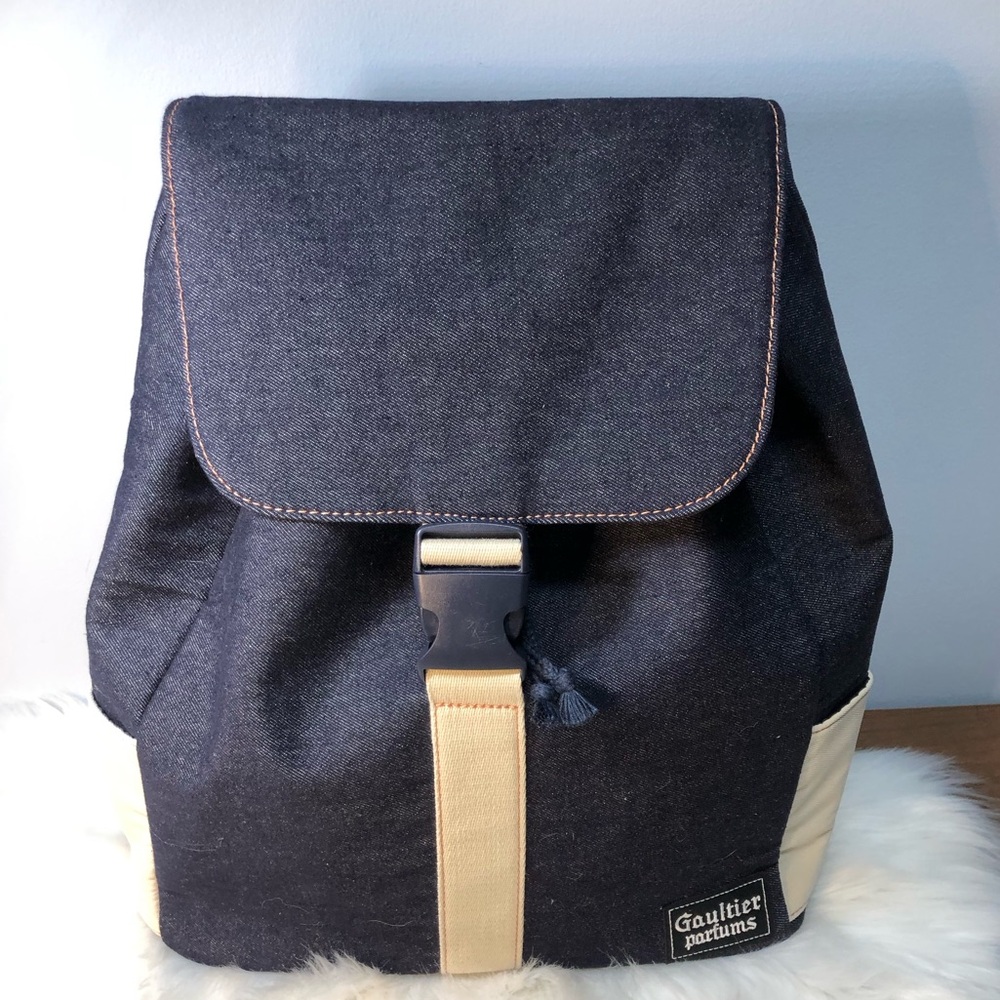 Jean Paul Gaultier Parfums Indigo Denim Backpack Canvas Designer Bag NWOT